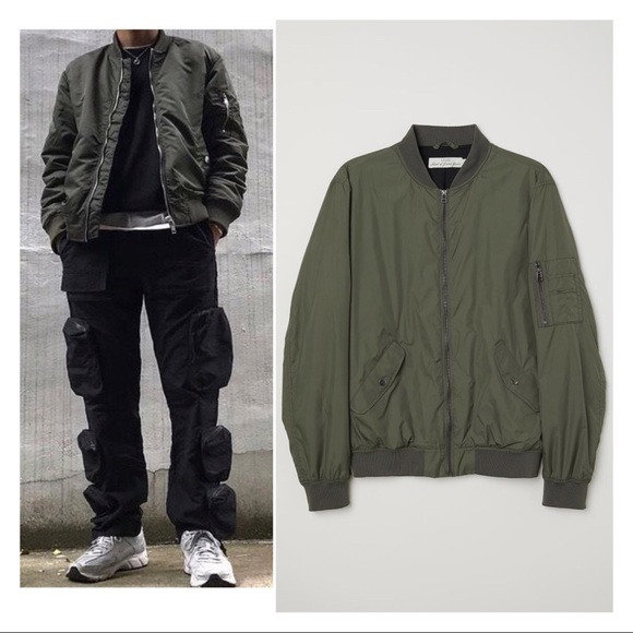 Mens Hm Nylon Bomber Jacket Army Olive 